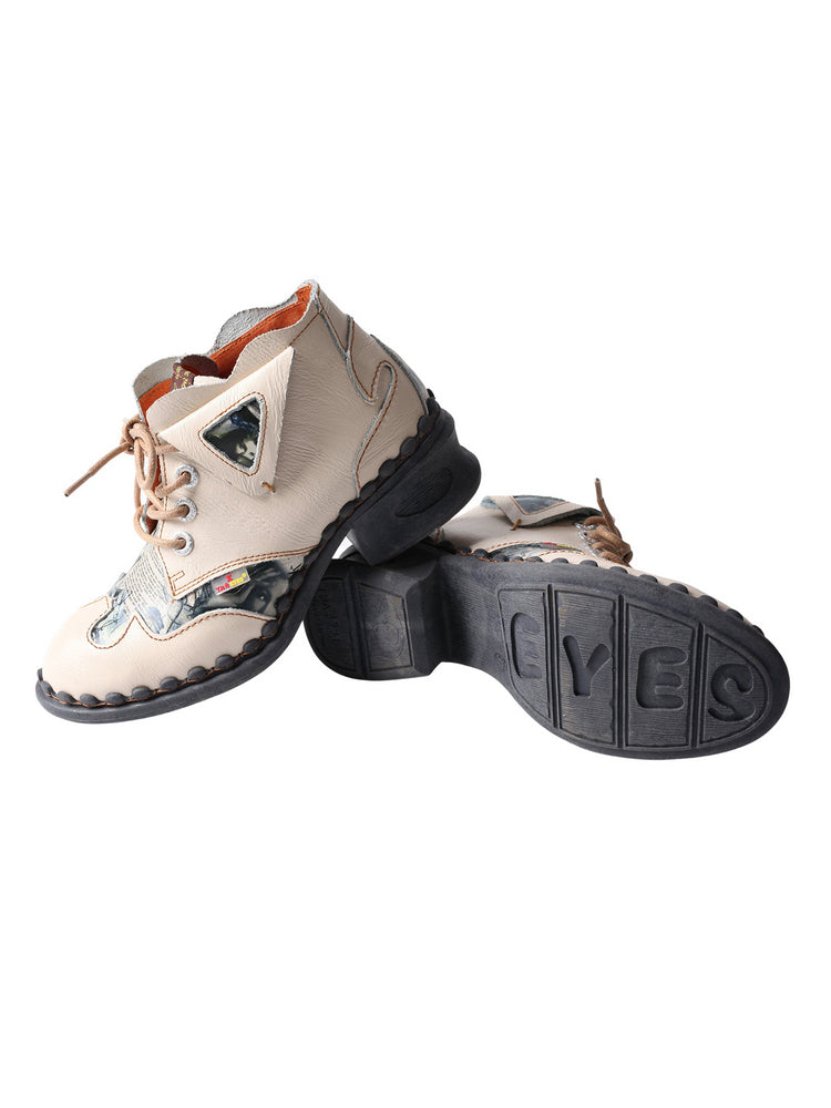 TMA EYES Floral Print Ankle Boots  Medium Heel Leather Outdoor Women's Shoe