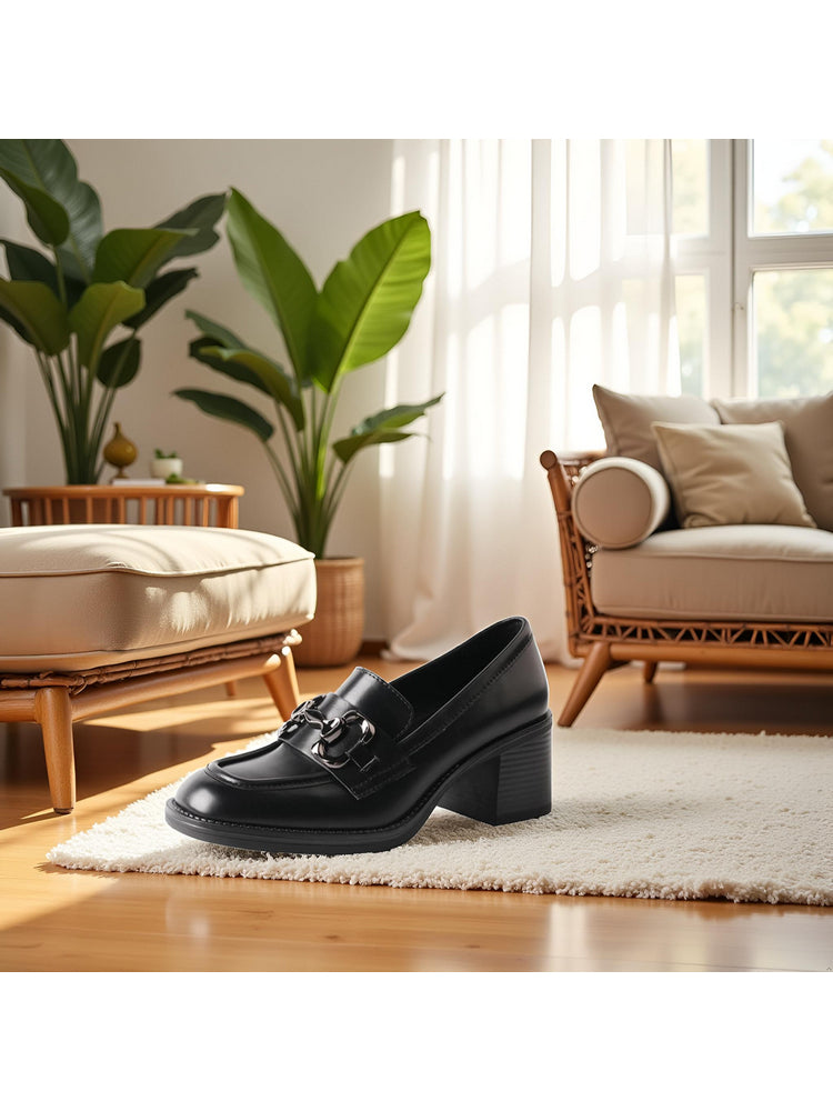 TMA EYES Leather Loafers   Chunky Heel Round Toe Slip-On Women's Casual