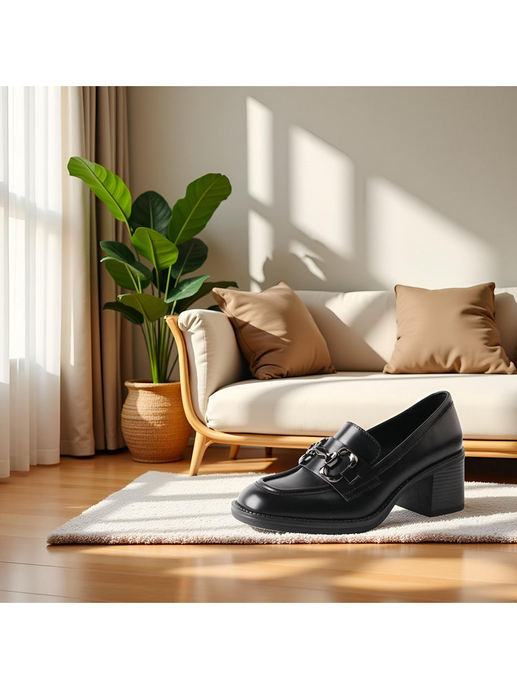 TMA EYES Leather Loafers   Chunky Heel Round Toe Slip-On Women's Casual