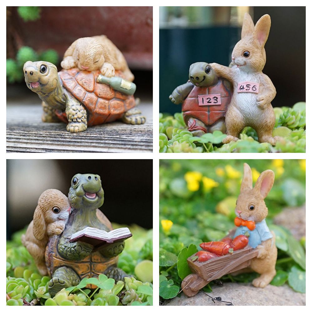 Resin Rabbit Figurine Micro Landscape Ornament Garden Turtle Statue Bonsai Decor