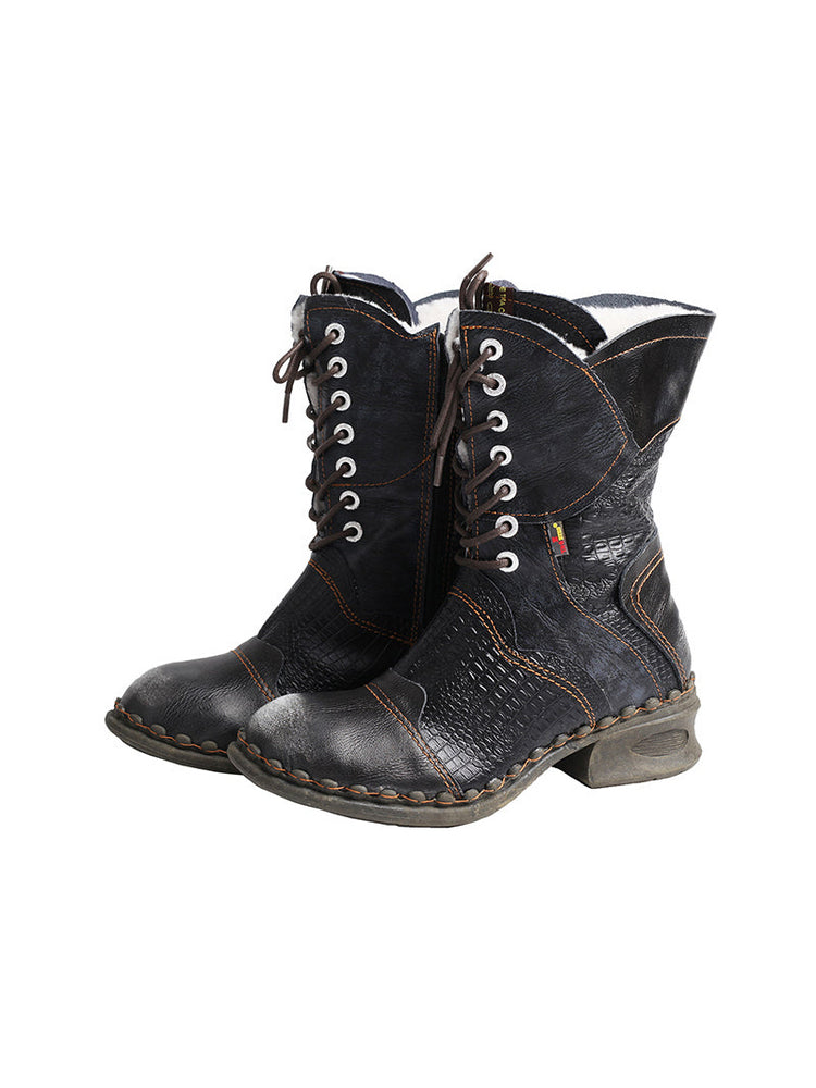 TMA EYES Croc-Embossed Leather Boots Women's Faux Fur Mid Calf Boots