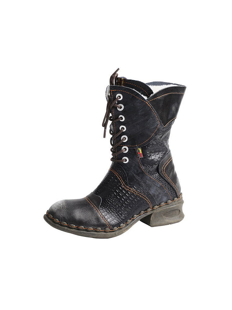 TMA EYES Croc-Embossed Leather Boots Women's Faux Fur Mid Calf Boots