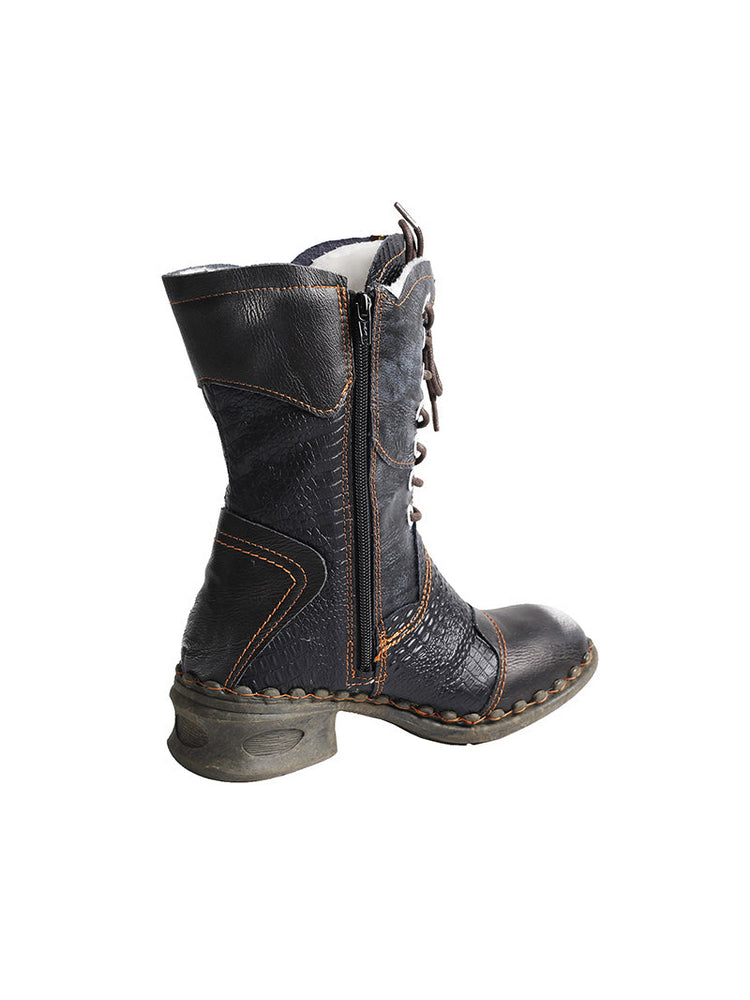 TMA EYES Croc-Embossed Leather Boots Women's Faux Fur Mid Calf Boots