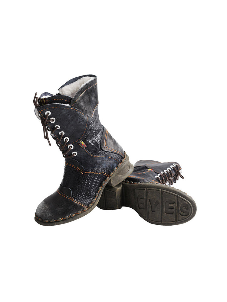 TMA EYES Croc-Embossed Leather Boots Women's Faux Fur Mid Calf Boots