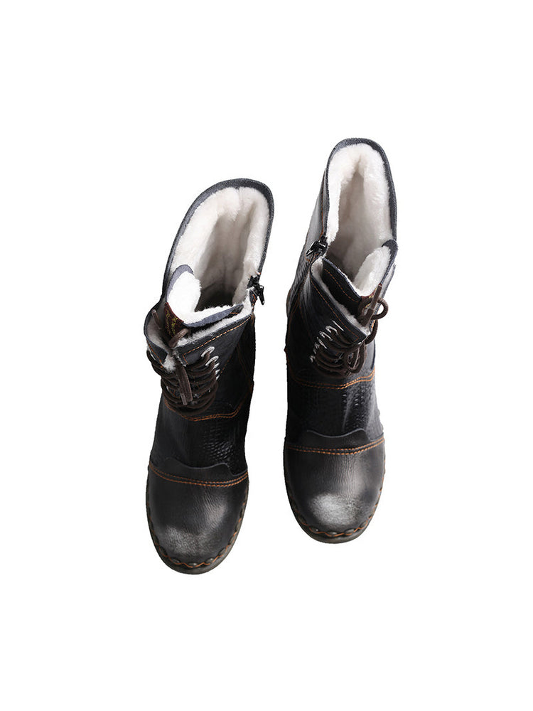 TMA EYES Croc-Embossed Leather Boots Women's Faux Fur Mid Calf Boots