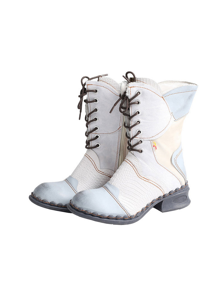 TMA EYES Croc-Embossed Leather Boots Women's Faux Fur Mid Calf Boots