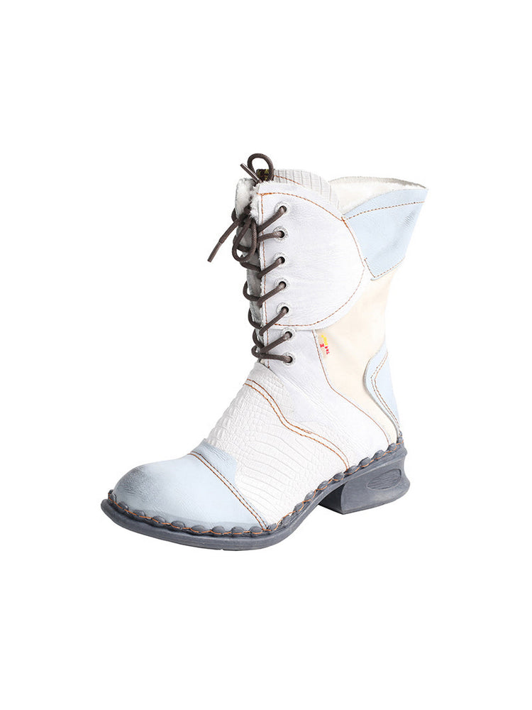 TMA EYES Croc-Embossed Leather Boots Women's Faux Fur Mid Calf Boots