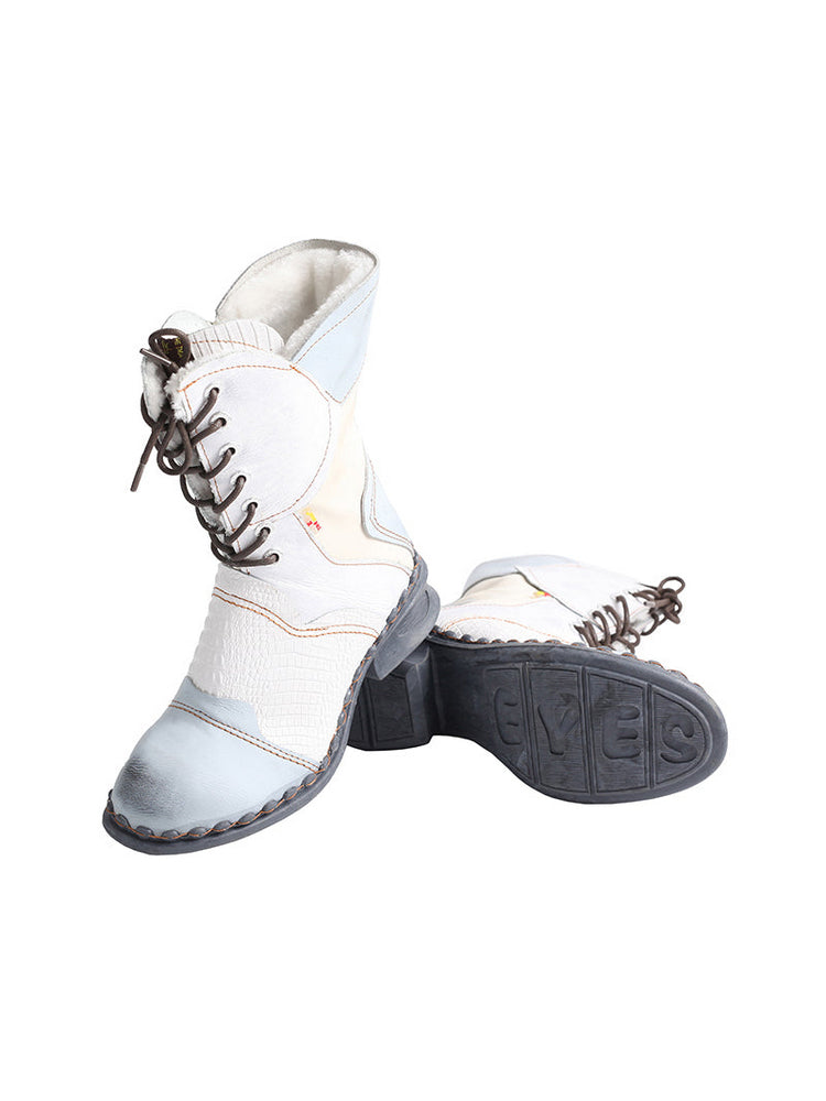 TMA EYES Croc-Embossed Leather Boots Women's Faux Fur Mid Calf Boots