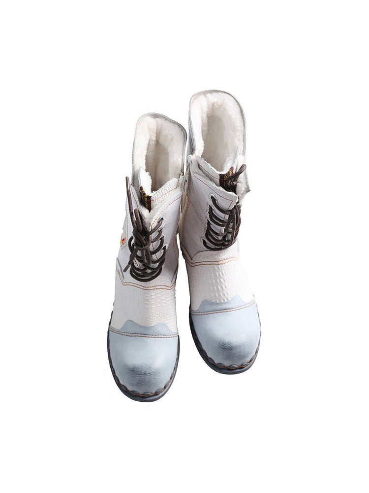 TMA EYES Croc-Embossed Leather Boots Women's Faux Fur Mid Calf Boots