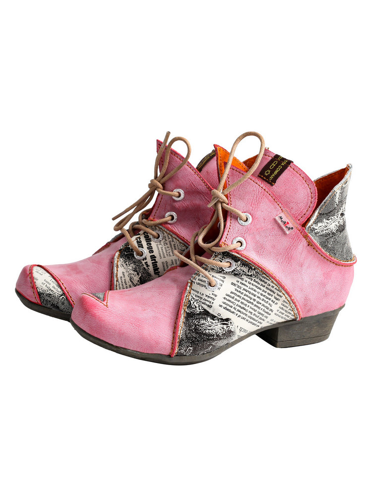 TMA EYES Newspaper Print Ankle Boots  Leather Lace-Up Women's Short Boot