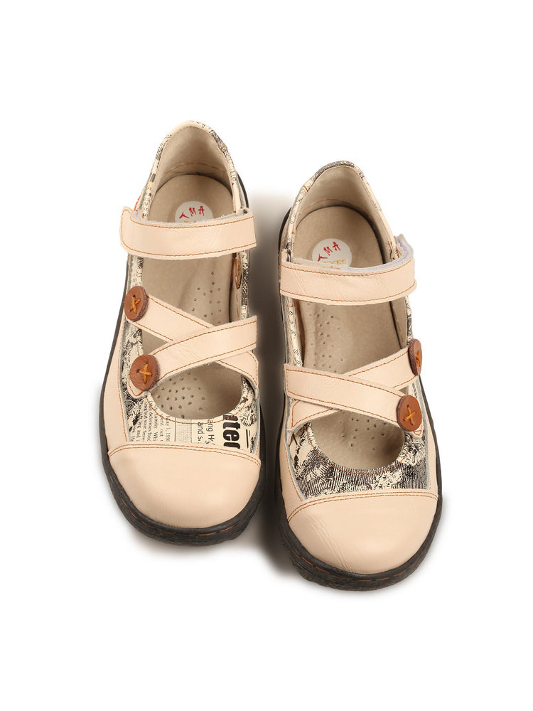 TMA EYES Leather Flat Shoes  Women's Button Criss-Cross Strap Casual