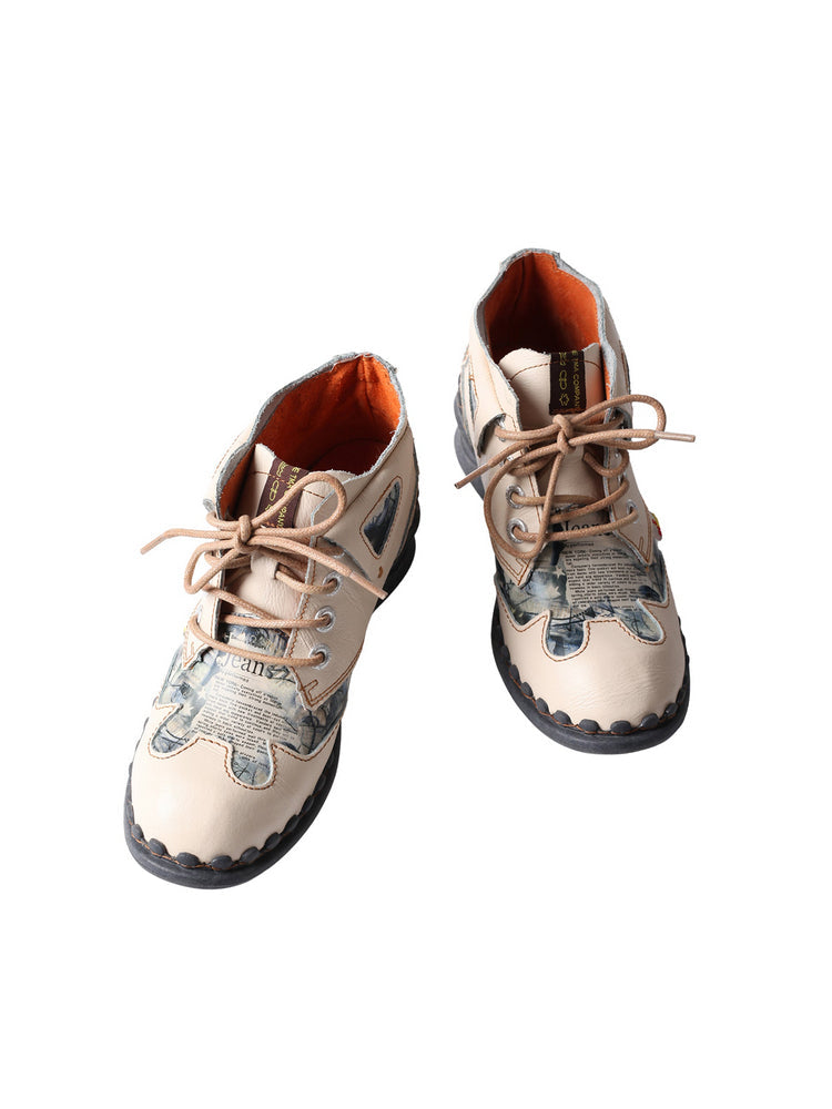 TMA EYES Floral Print Ankle Boots  Medium Heel Leather Outdoor Women's Shoe