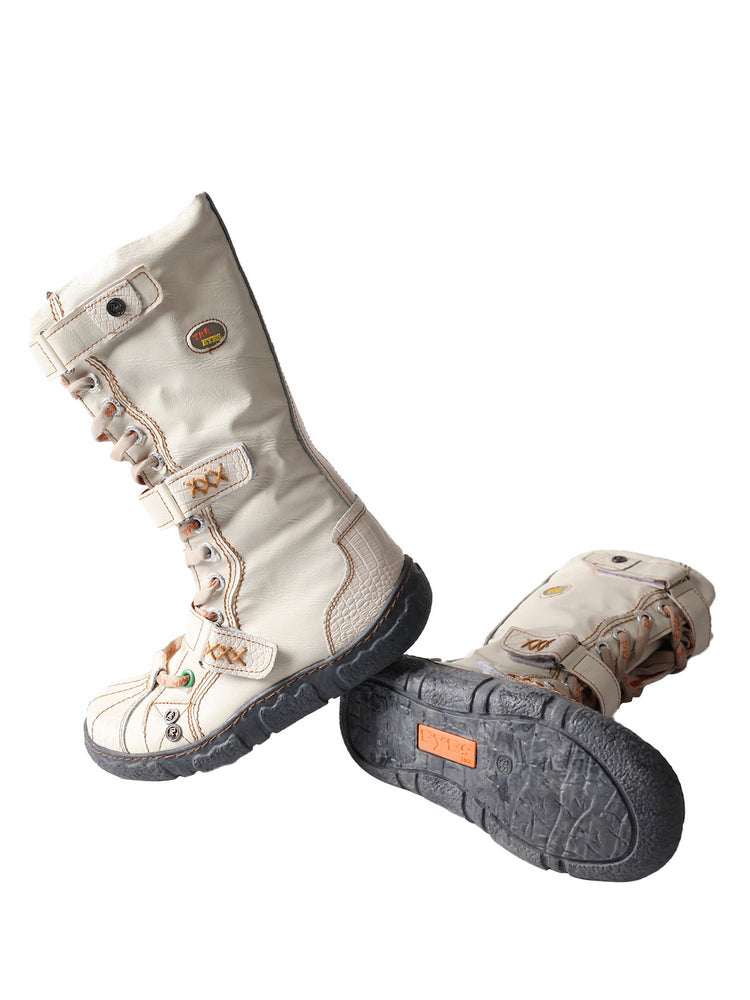 TMA EYES Winter Washed PU Leather Flat Boots Strap-Accent Plus Size