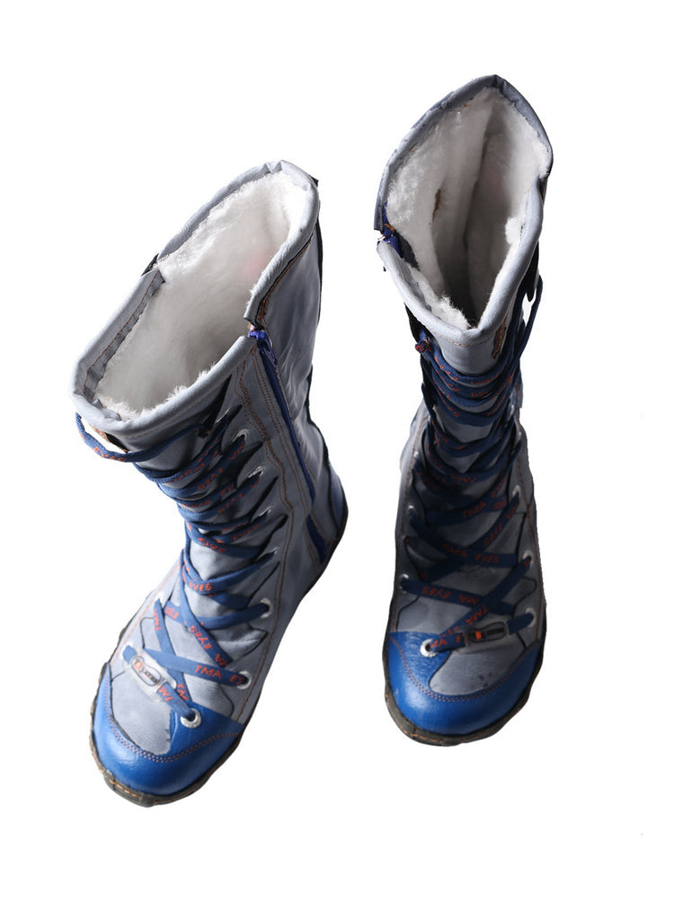 TMA EYES Long Contrast-Stitch Boots  Lace-Up Side Zipper Women's Washed