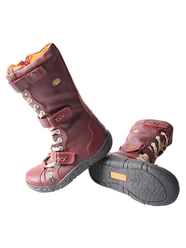 TMA EYES Winter Washed PU Leather Flat Boots Strap-Accent Plus Size