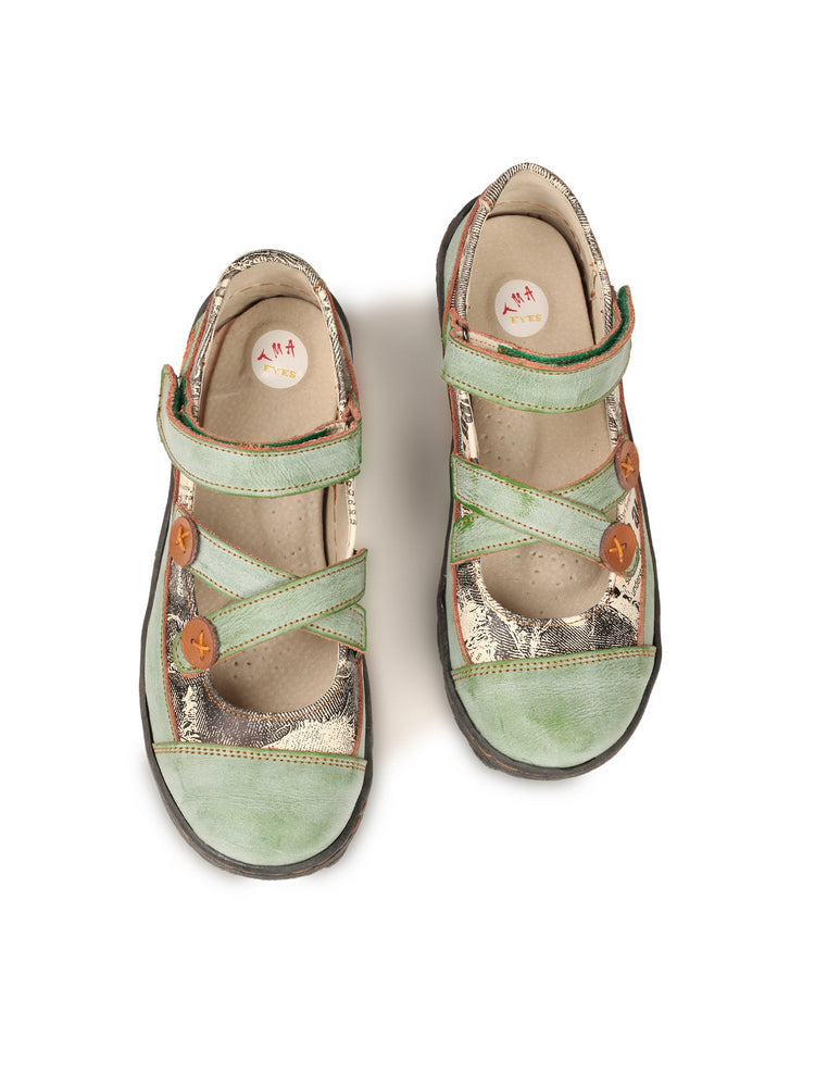 TMA EYES Leather Flat Shoes  Women's Button Criss-Cross Strap Casual
