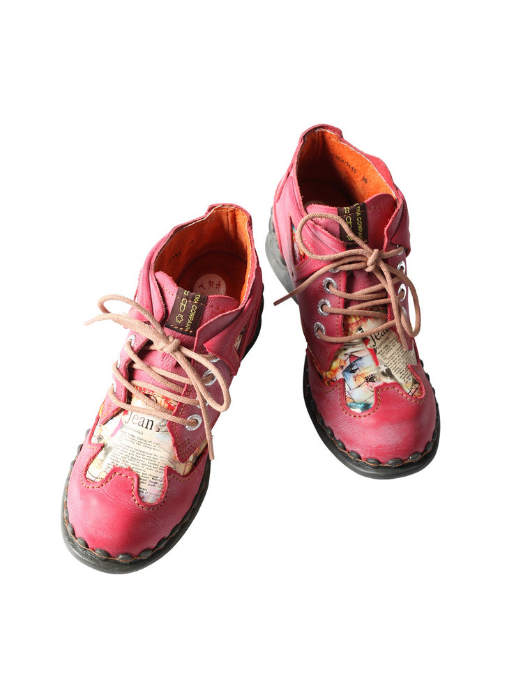 TMA EYES Floral Print Ankle Boots  Medium Heel Leather Outdoor Women's Shoe