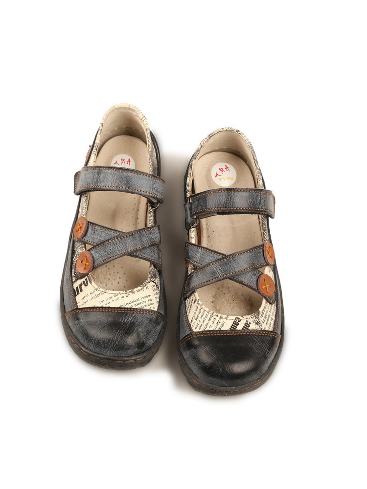 TMA EYES Leather Flat Shoes  Women's Button Criss-Cross Strap Casual