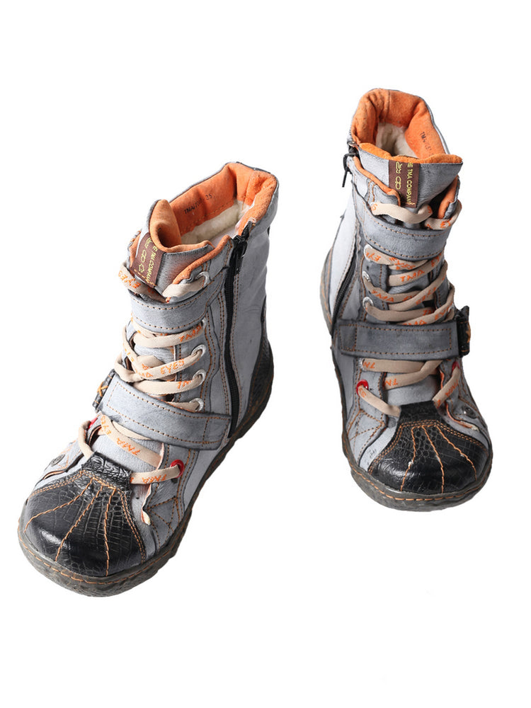 TMA EYES Women's Faux Fur Lined Boots Double-Strap Washed PU Leather