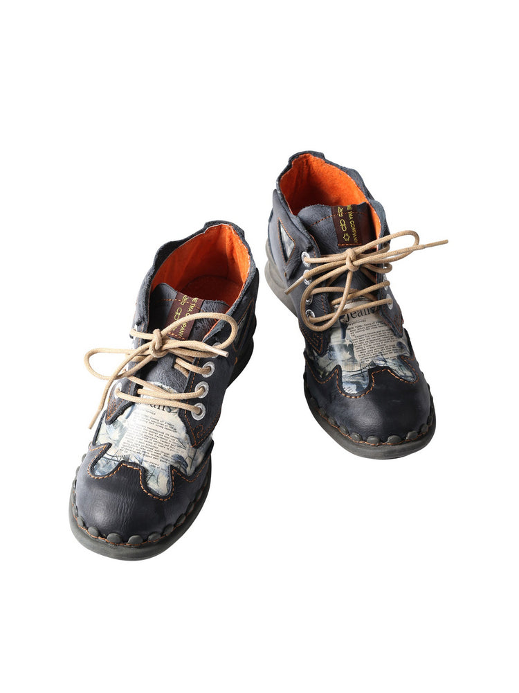 TMA EYES Floral Print Ankle Boots  Medium Heel Leather Outdoor Women's Shoe