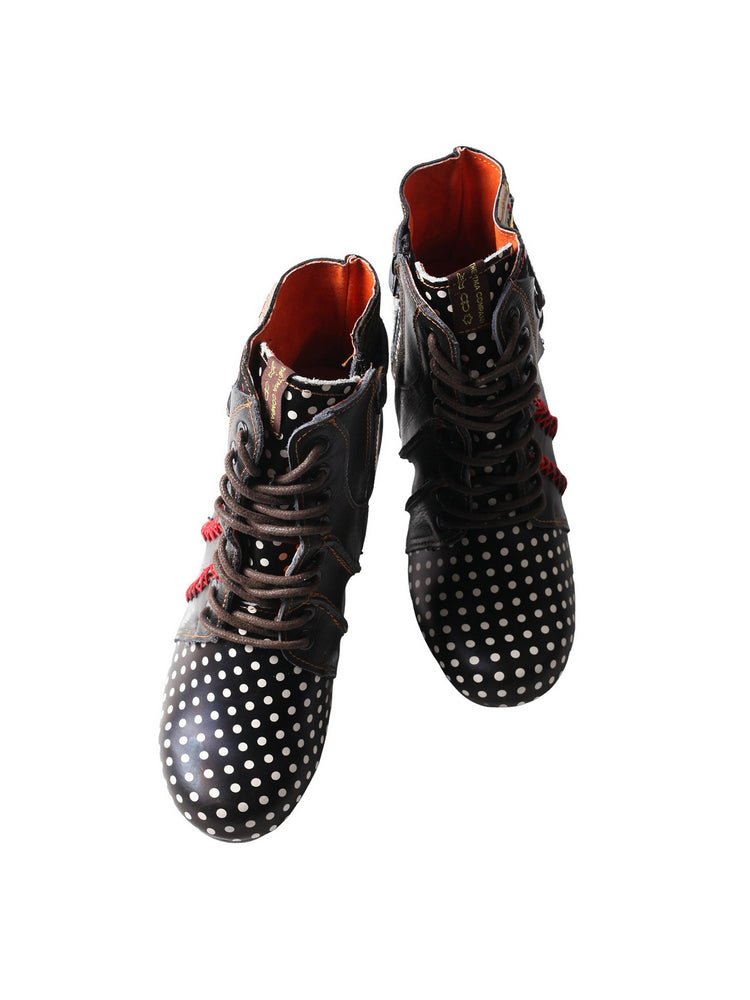 TMA EYES Polka Dot Leather Boots  Moccasin Hand Stitched Women's Casual