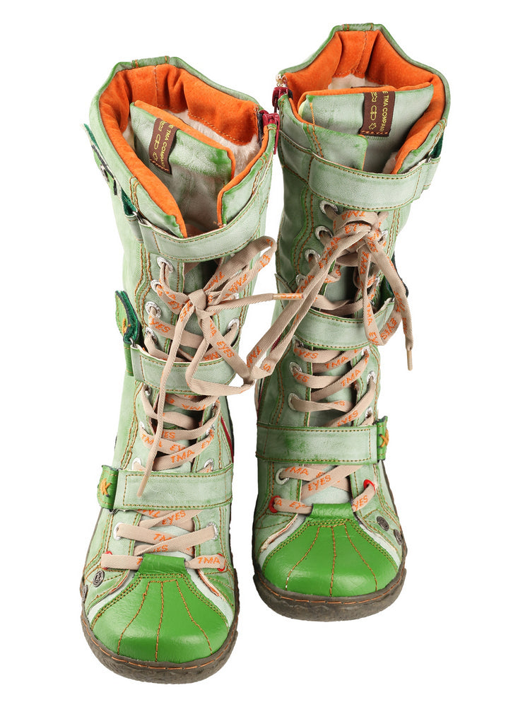 TMA EYES Winter Washed PU Leather Flat Boots Strap-Accent Plus Size