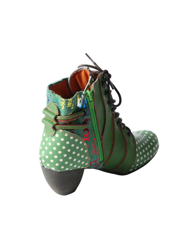 TMA EYES Polka Dot Leather Boots  Moccasin Hand Stitched Women's Casual