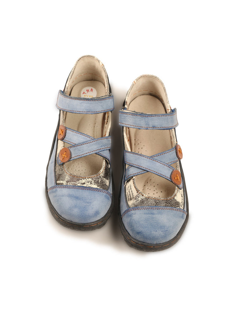 TMA EYES Leather Flat Shoes  Women's Button Criss-Cross Strap Casual
