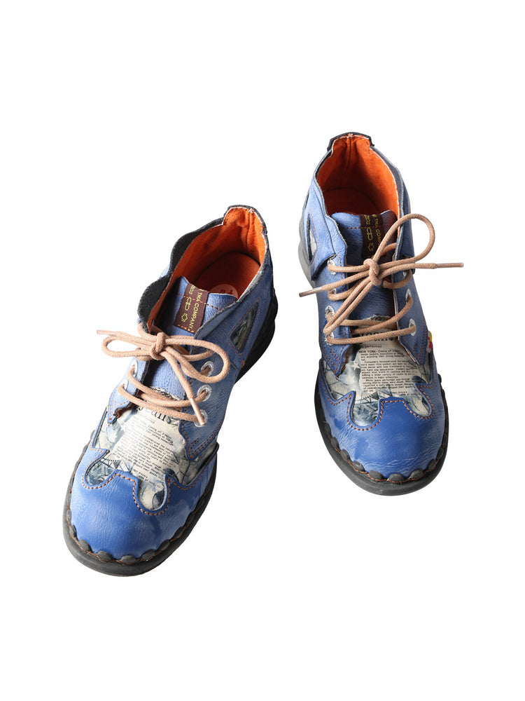 TMA EYES Floral Print Ankle Boots  Medium Heel Leather Outdoor Women's Shoe