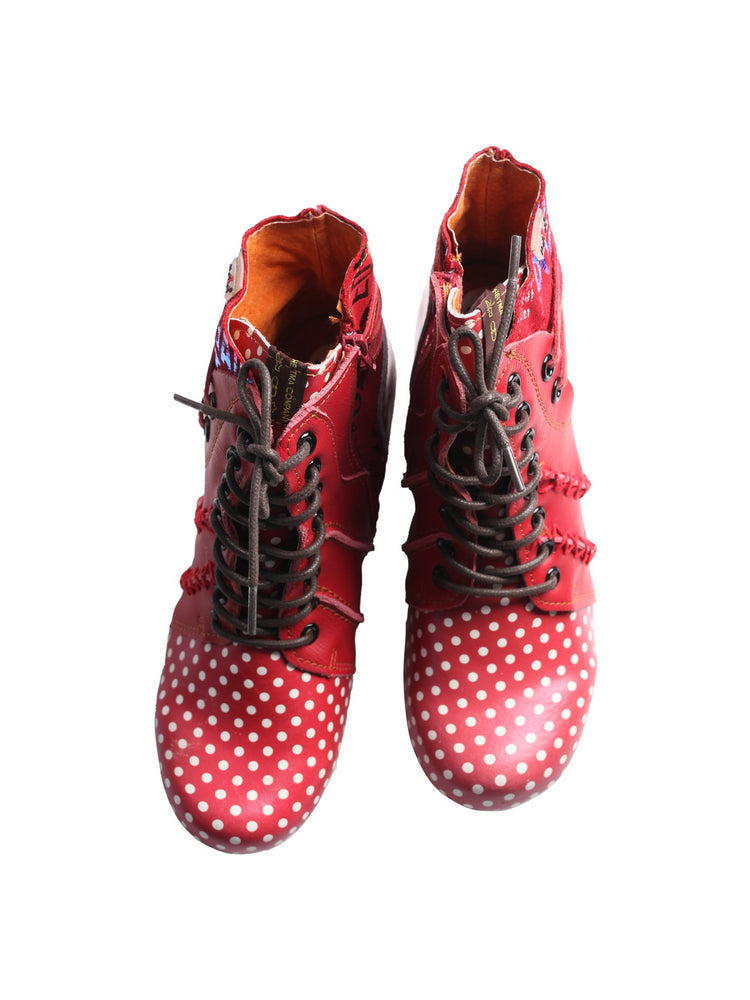 TMA EYES Polka Dot Leather Boots  Moccasin Hand Stitched Women's Casual