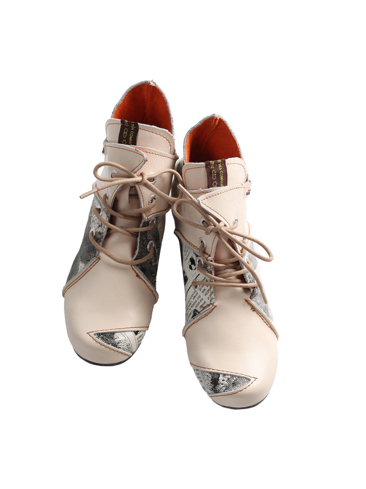 TMA EYES Newspaper Print Ankle Boots  Leather Lace-Up Women's Short Boot
