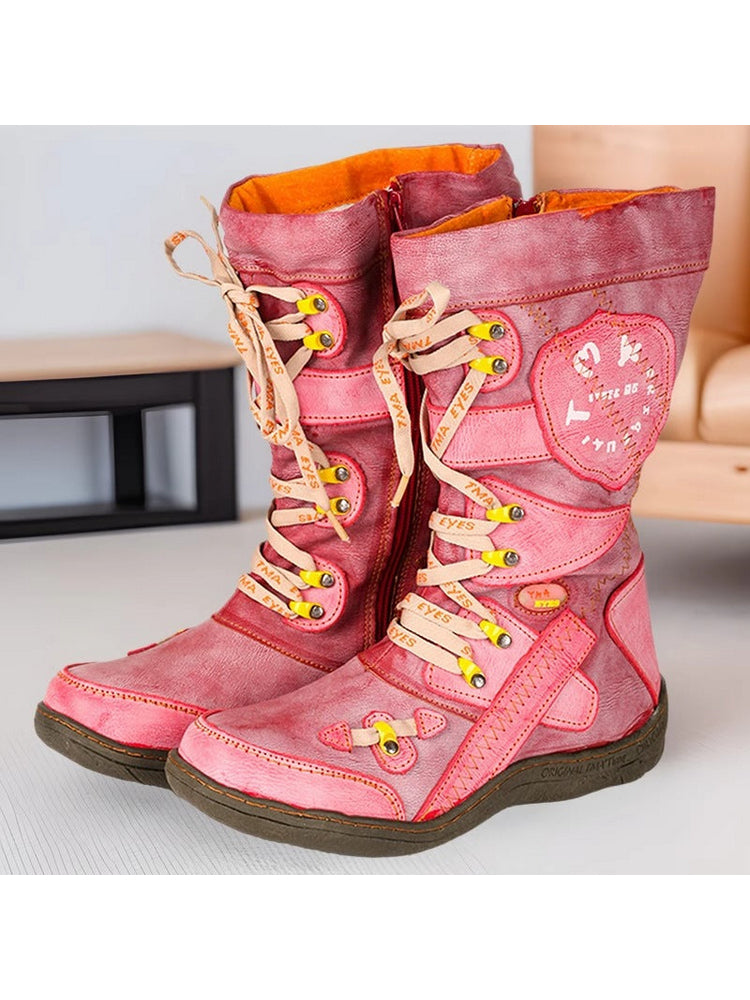 TMA EYES Patchwork Mid-Calf Boots  Stitch-Detail PU Leather Women's Shoe