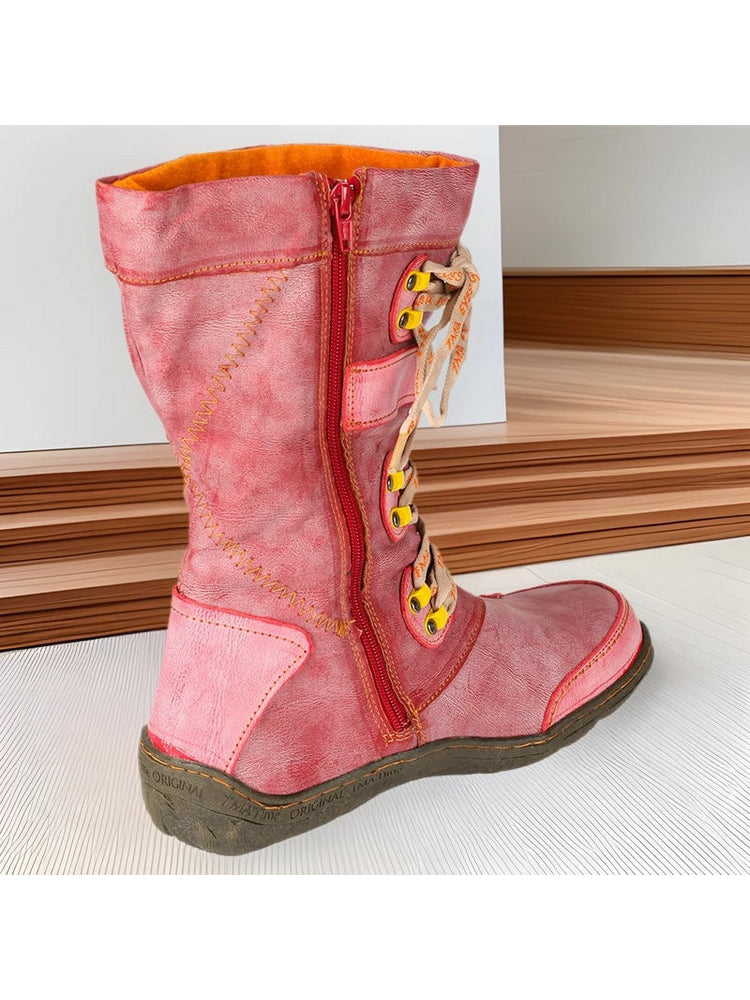 TMA EYES Patchwork Mid-Calf Boots  Stitch-Detail PU Leather Women's Shoe