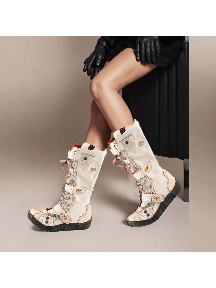 TMA EYES Hand-Sewn Flat Calf Boots PU Lined City Travel Women's Shoe