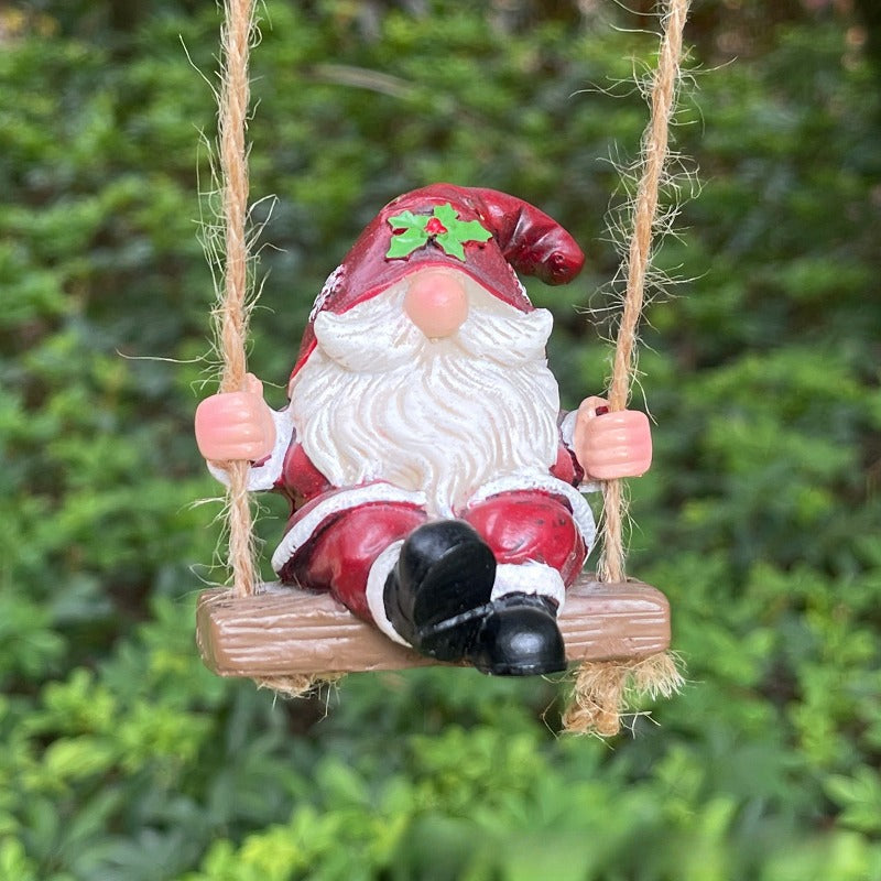 Christmas Gnome Garden Swing Statue Outdoor Tree Hanging Ornament Resin Figurine