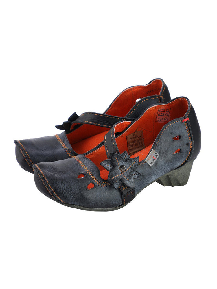 TMA EYES MAiA Leather Shoes  Hollow Curled Toe Flower Elastic Low Heel