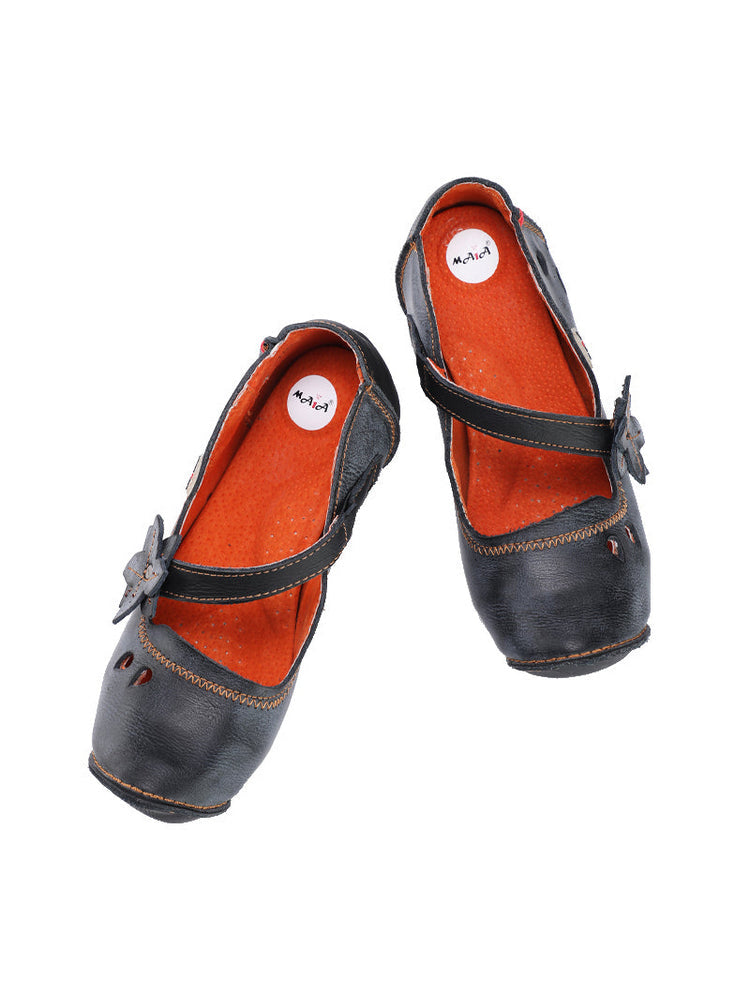 TMA EYES MAiA Leather Shoes  Hollow Curled Toe Flower Elastic Low Heel