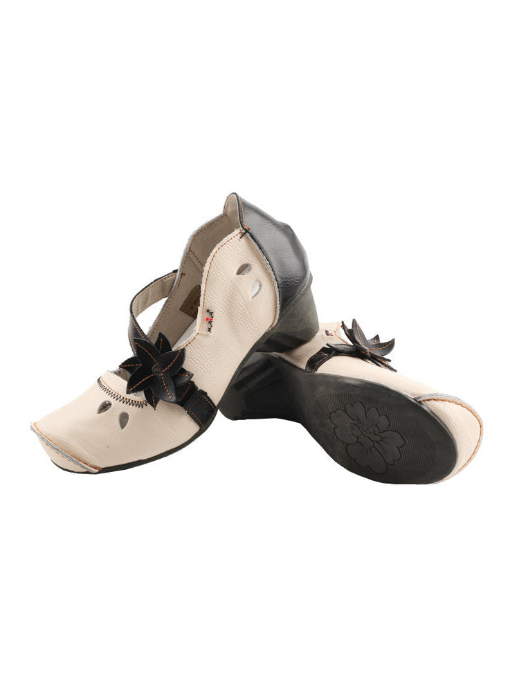 TMA EYES MAiA Leather Shoes  Hollow Curled Toe Flower Elastic Low Heel