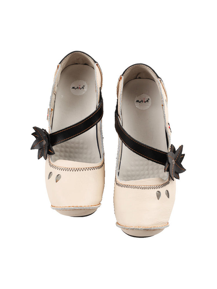 TMA EYES MAiA Leather Shoes  Hollow Curled Toe Flower Elastic Low Heel