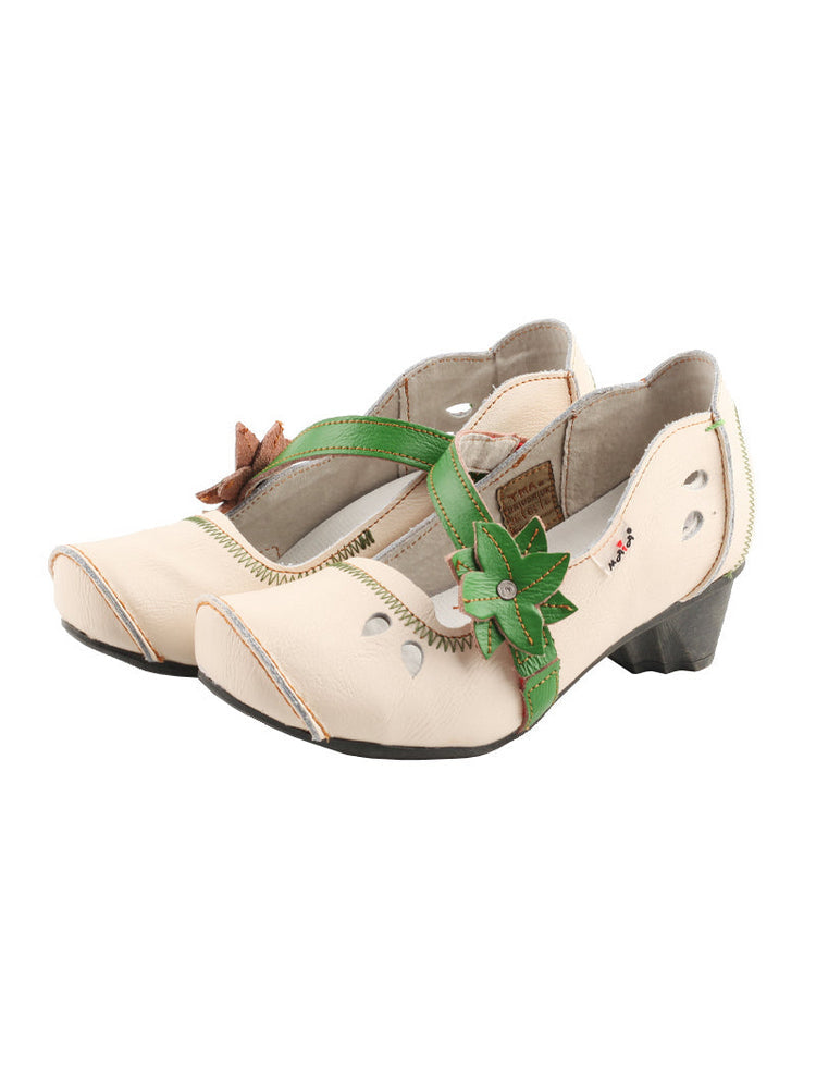 TMA EYES MAiA Leather Shoes  Hollow Curled Toe Flower Elastic Low Heel