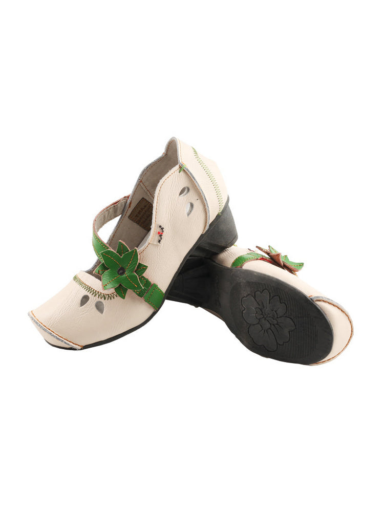TMA EYES MAiA Leather Shoes  Hollow Curled Toe Flower Elastic Low Heel