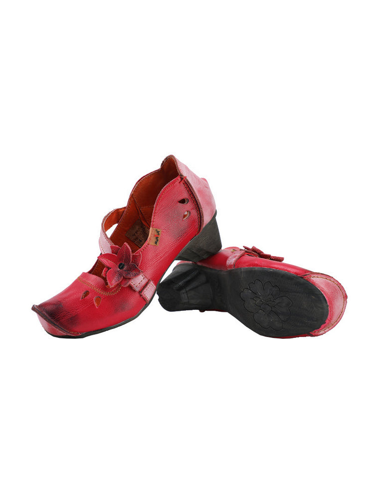 TMA EYES MAiA Leather Shoes  Hollow Curled Toe Flower Elastic Low Heel