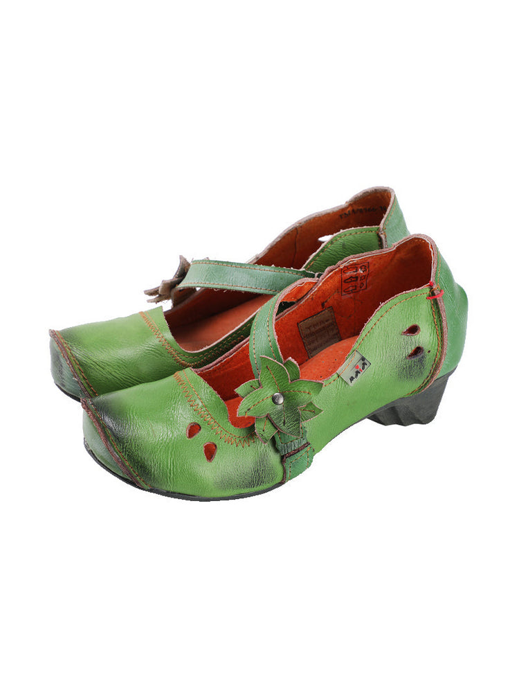 TMA EYES MAiA Leather Shoes  Hollow Curled Toe Flower Elastic Low Heel