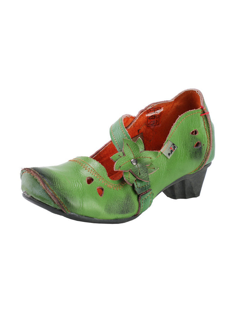 TMA EYES MAiA Leather Shoes  Hollow Curled Toe Flower Elastic Low Heel