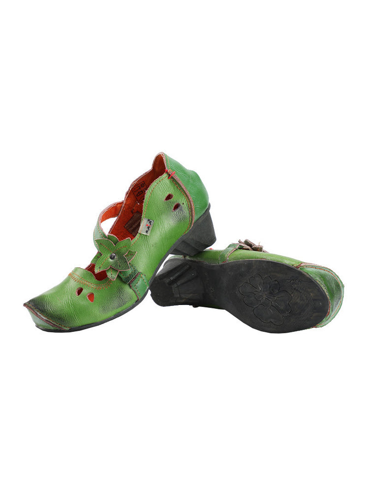 TMA EYES MAiA Leather Shoes  Hollow Curled Toe Flower Elastic Low Heel