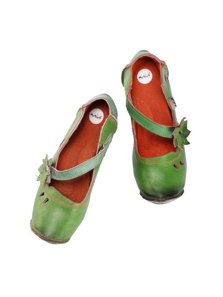 TMA EYES MAiA Leather Shoes  Hollow Curled Toe Flower Elastic Low Heel