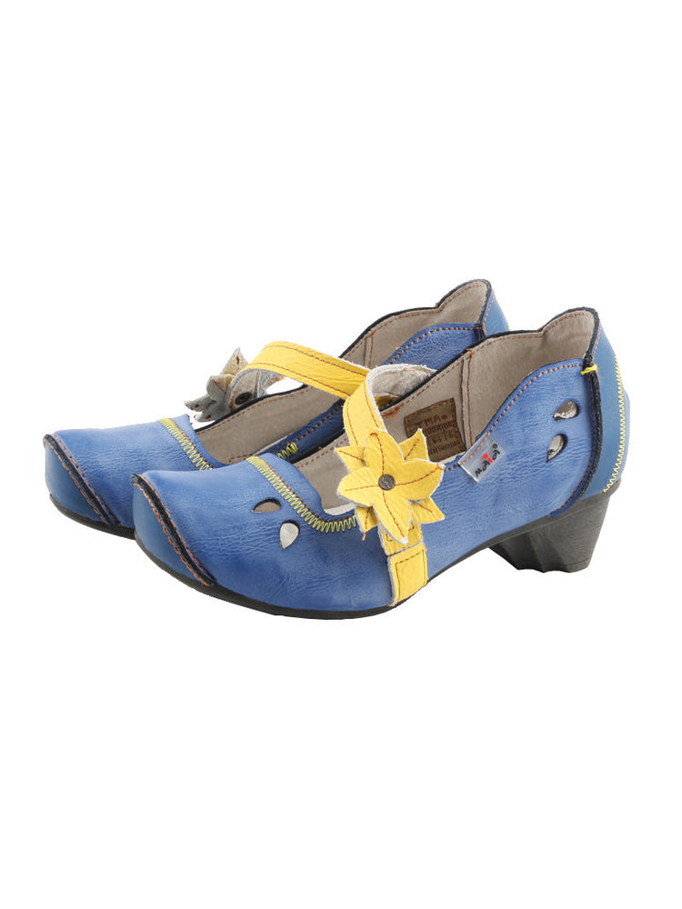 TMA EYES MAiA Leather Shoes  Hollow Curled Toe Flower Elastic Low Heel
