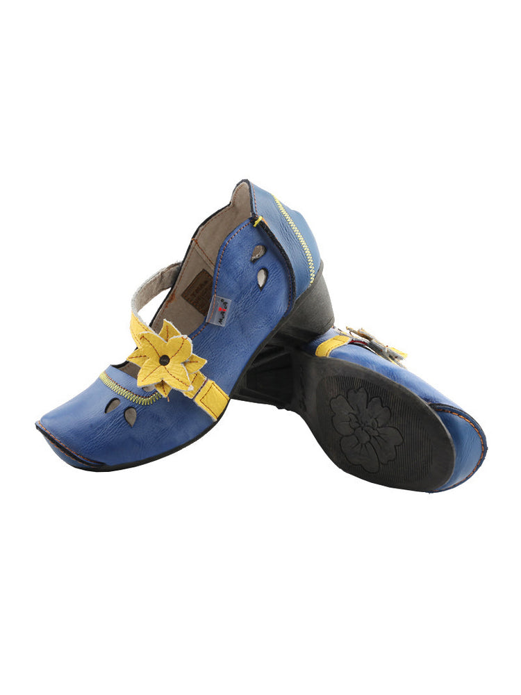 TMA EYES MAiA Leather Shoes  Hollow Curled Toe Flower Elastic Low Heel
