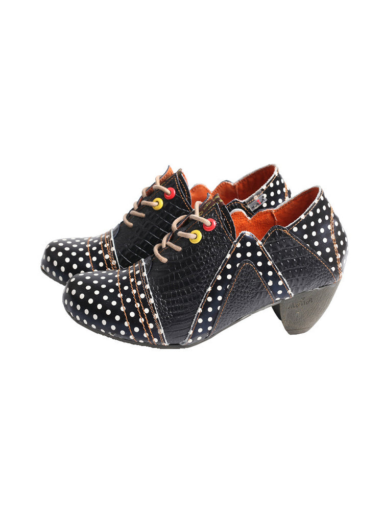 TMA EYES MAiA Retro Polka Dot Ankle Boots  Leather Low Heel Lace-Up