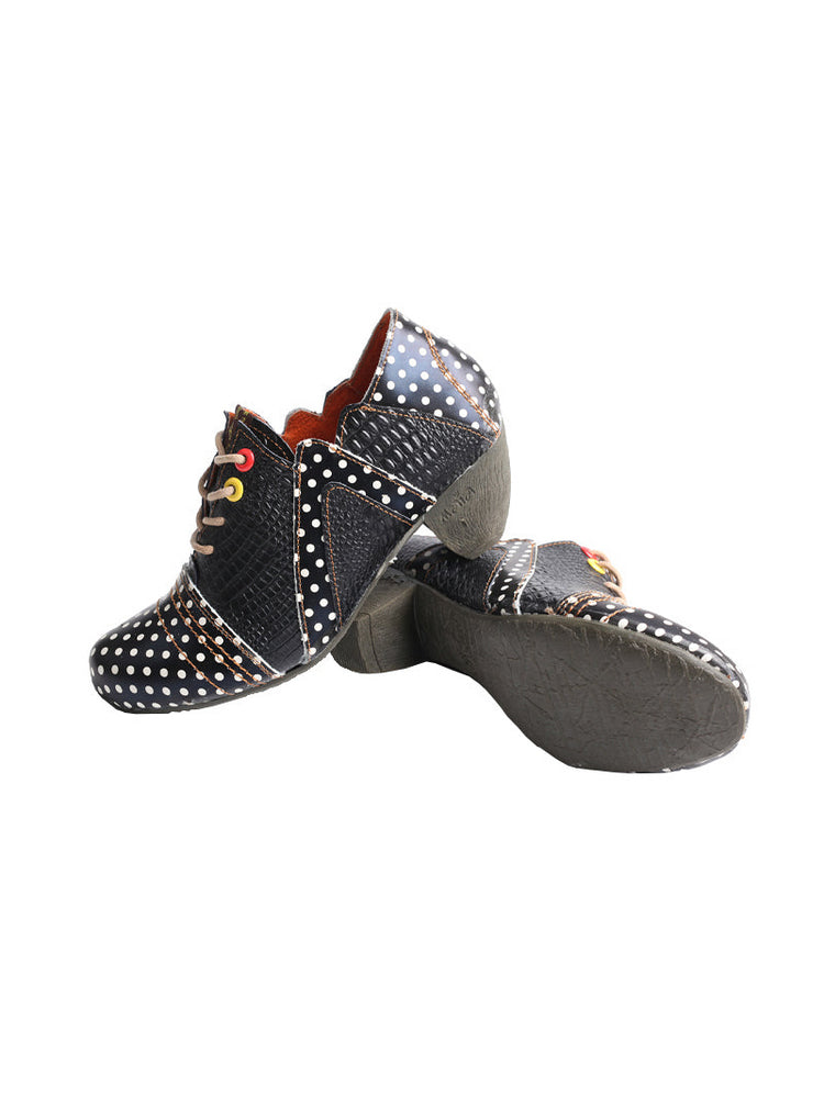 TMA EYES MAiA Retro Polka Dot Ankle Boots  Leather Low Heel Lace-Up